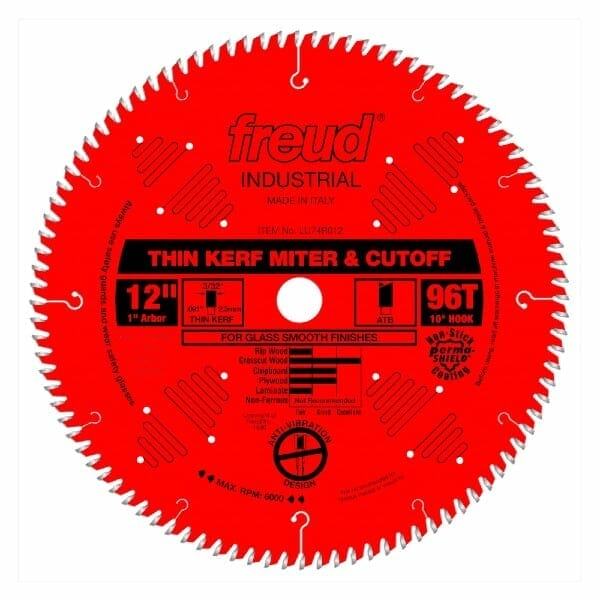 freud 12in thin kerf cut off blade red coating with black letters